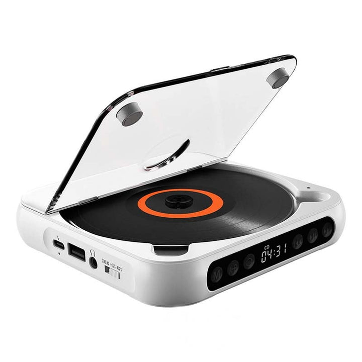White player with lid open, showing an orange-ringed disc, side ports and front control buttons 16