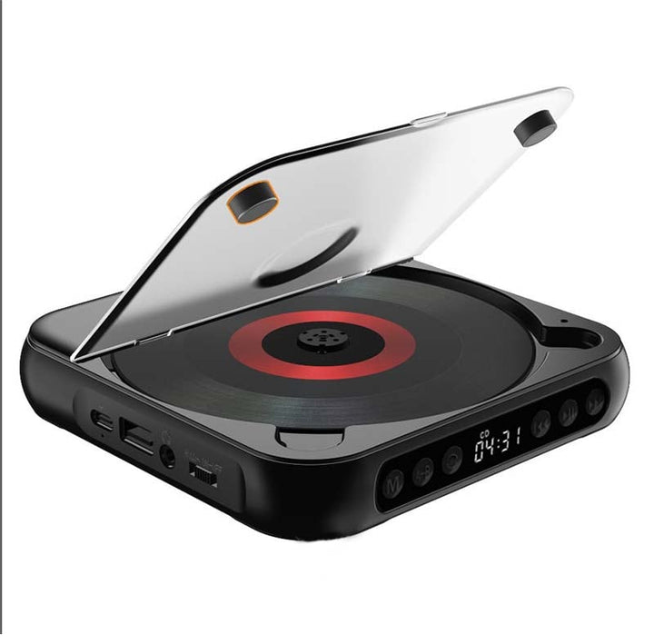 Black player with lid open, showing a red-ringed disc, side ports and front control buttons 17