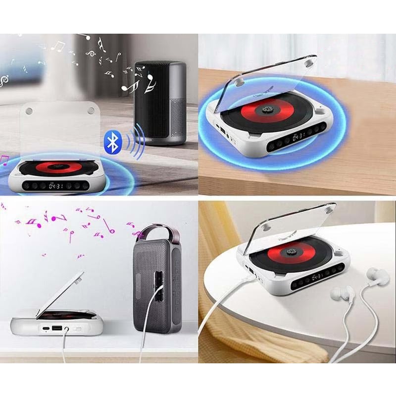 Four-panel collage showing the player pairing with a Bluetooth speaker, wired speaker and earbuds 2