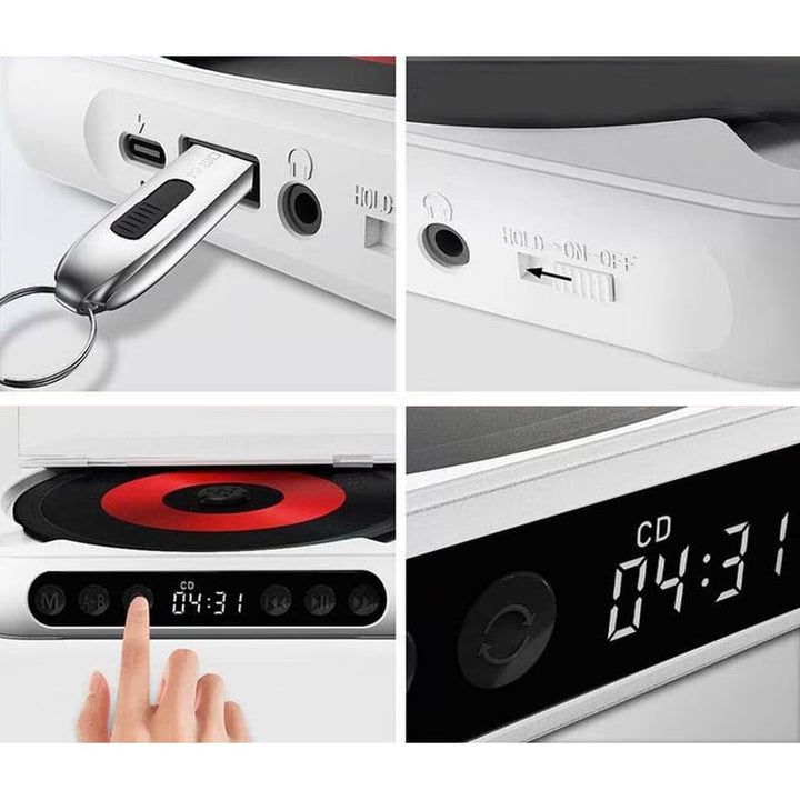 Four close-ups of the side ports, USB drive, power slider and front buttons with clock display 3