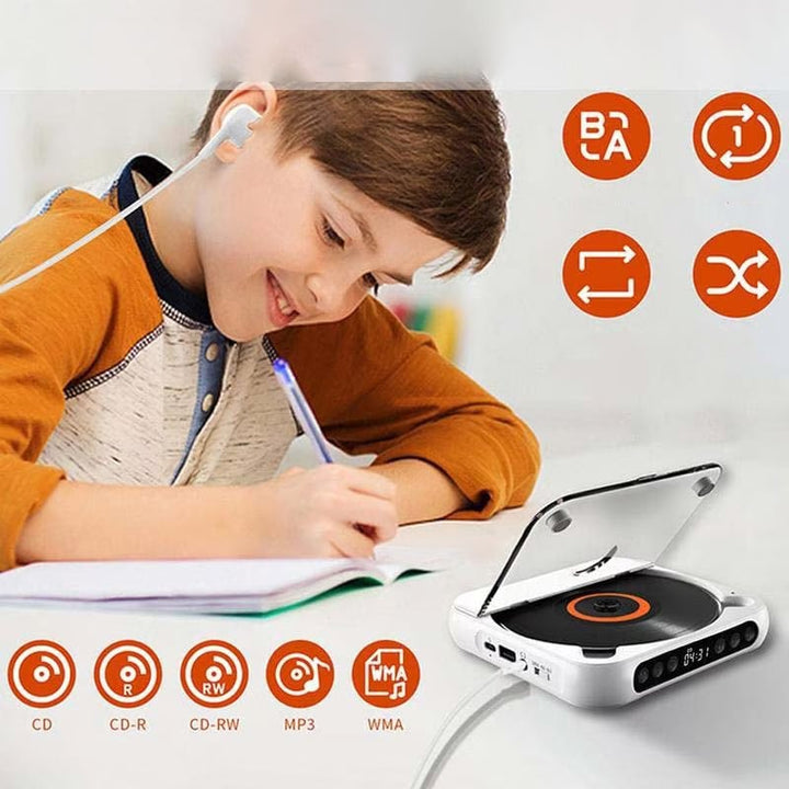 Smiling boy with an earbud writing in a notebook beside the player, with playback mode and disc format icons 4