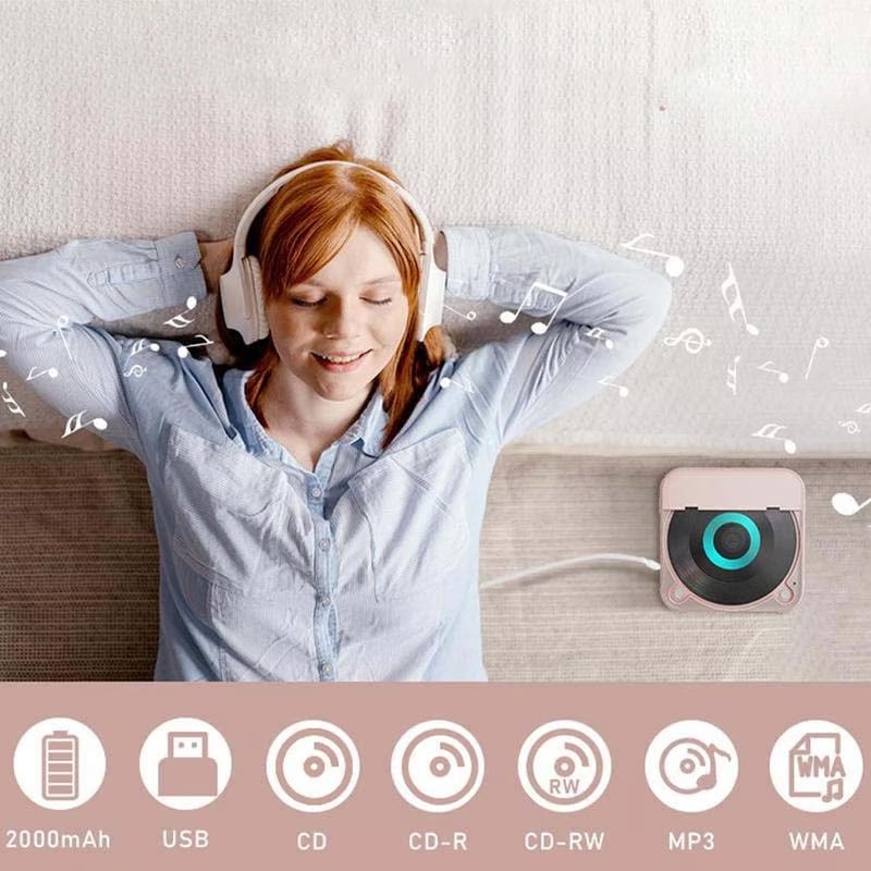 Woman in headphones lying back and smiling, a pink player beside her, with battery, USB and disc format icons 5