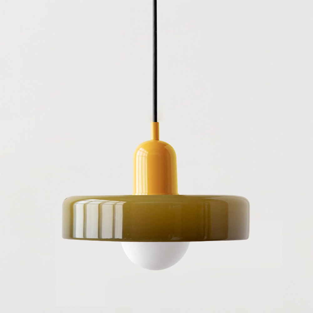 Glossy olive glass disc shade with a bright yellow capsule cap, black cord and white globe bulb. 34