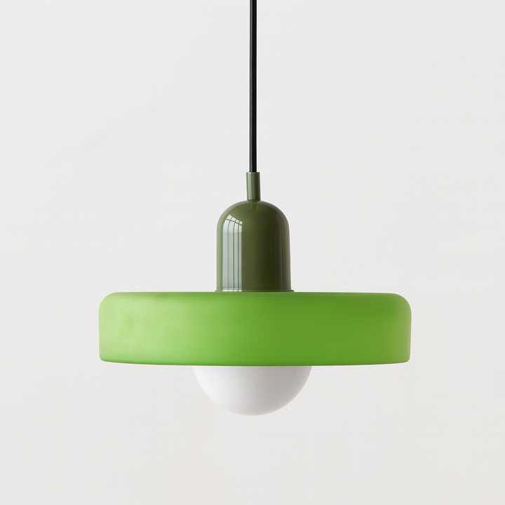 Lime green glass shade with a glossy olive green capsule cap, black cord and white globe bulb hanging below. 23