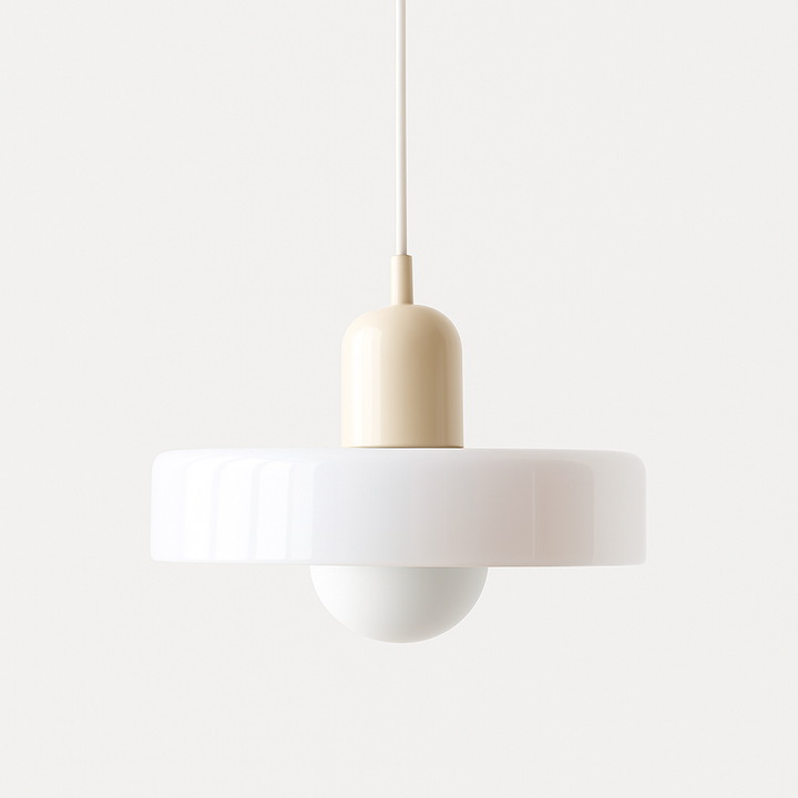 Bauhaus Colored Glass Pendant Light with a white glass shade and a cream cap and white cord