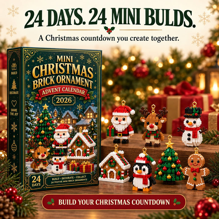Boxed calendar beside seven finished brick ornaments, including Santa, reindeer, snowman, gingerbread house, penguin, tree and gingerbread man, on a wooden shel