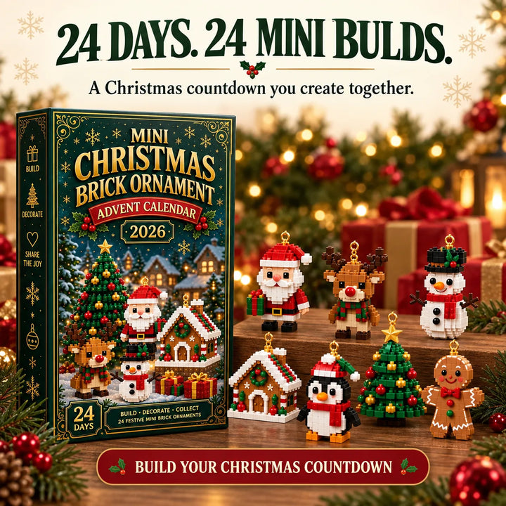 Christmas Building Block Advent Calendar with 24 Hanging Mini Ornaments, box beside eight finished ornaments on display