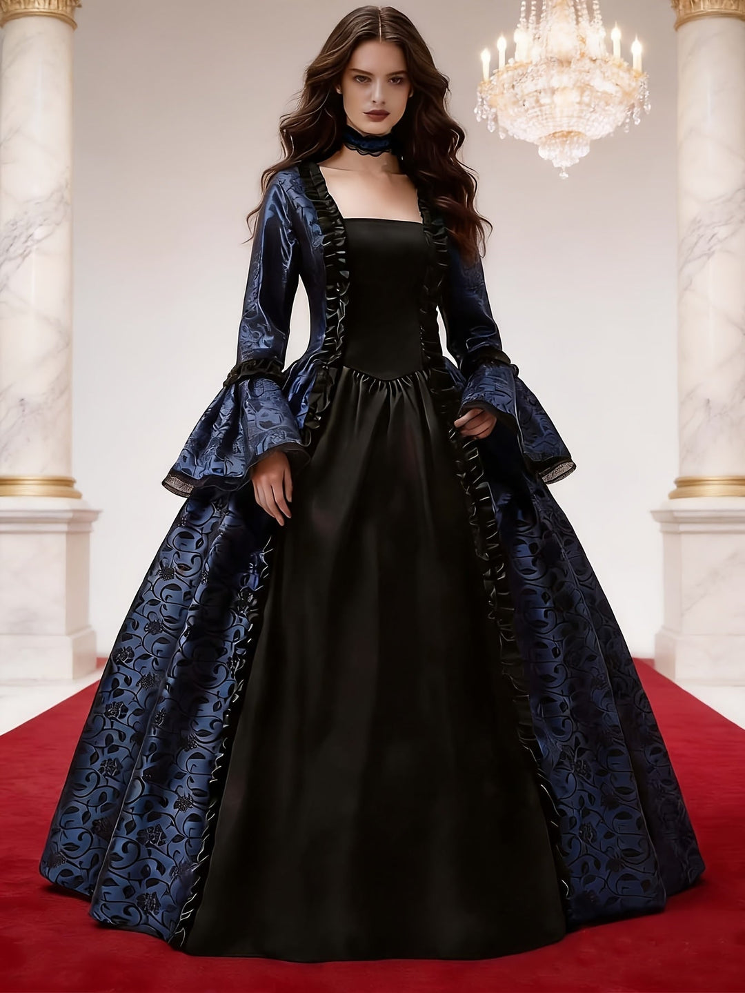 Women's gothic vampire costume dress in black and blue with flared sleeves, another view.