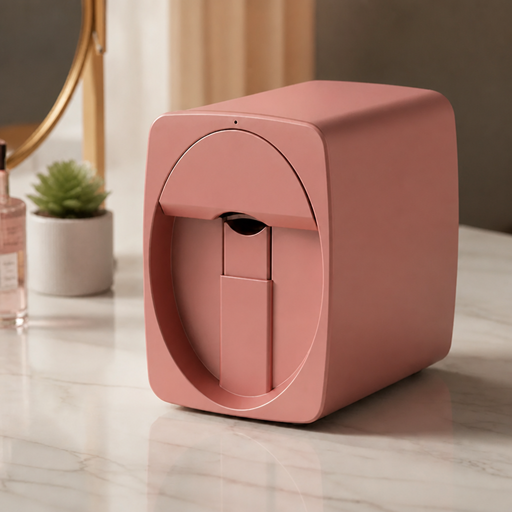 Pink boxy nail printer with an oval front slot, standing on a marble vanity beside a small succulent and a perfume bottle. 1