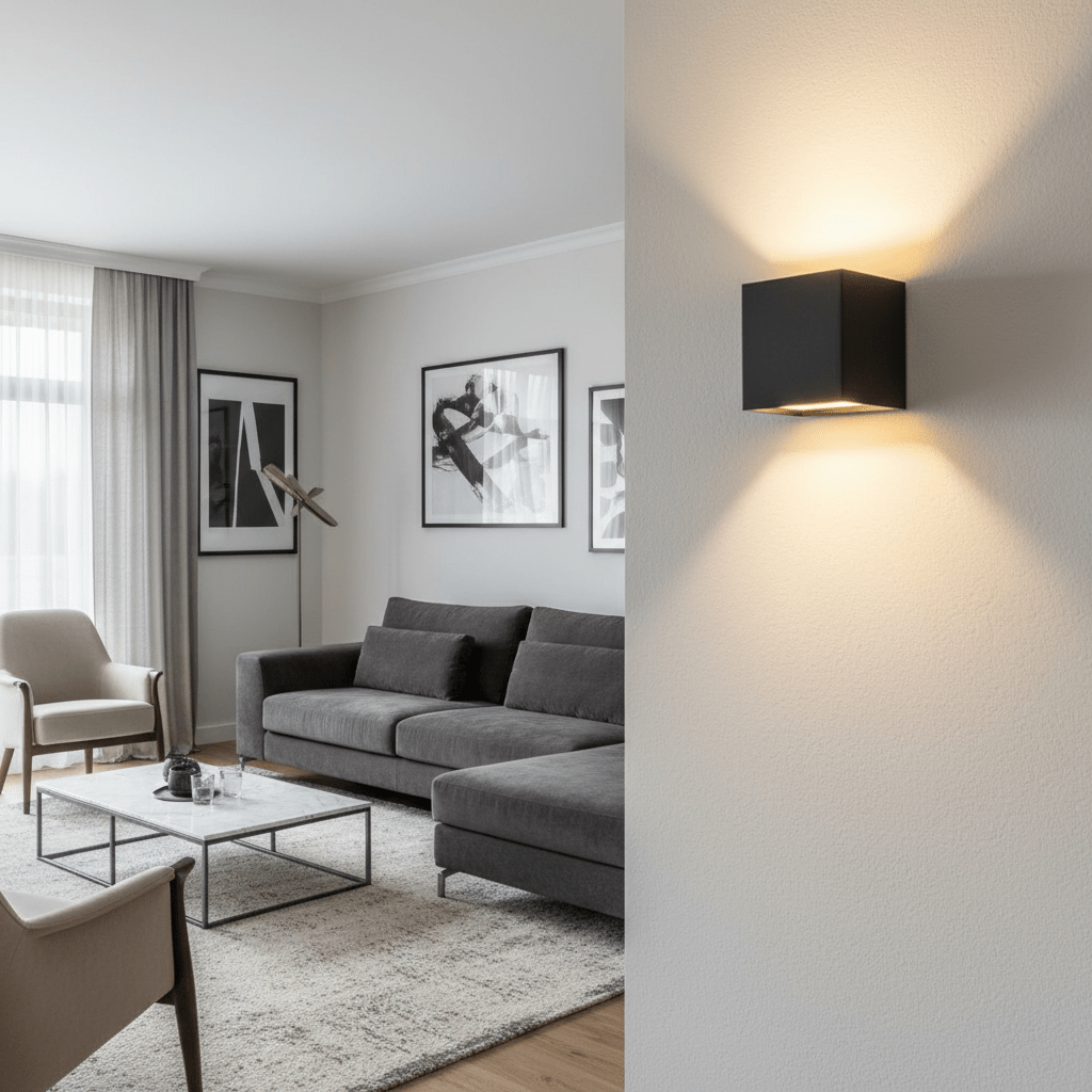 Close view of a black cube wall light glowing up and down on a textured wall, with a gray sectional sofa behind.