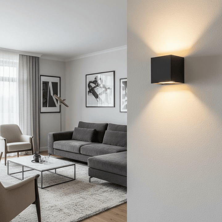 Close view of a black cube wall light glowing up and down on a textured wall, with a gray sectional sofa behind.