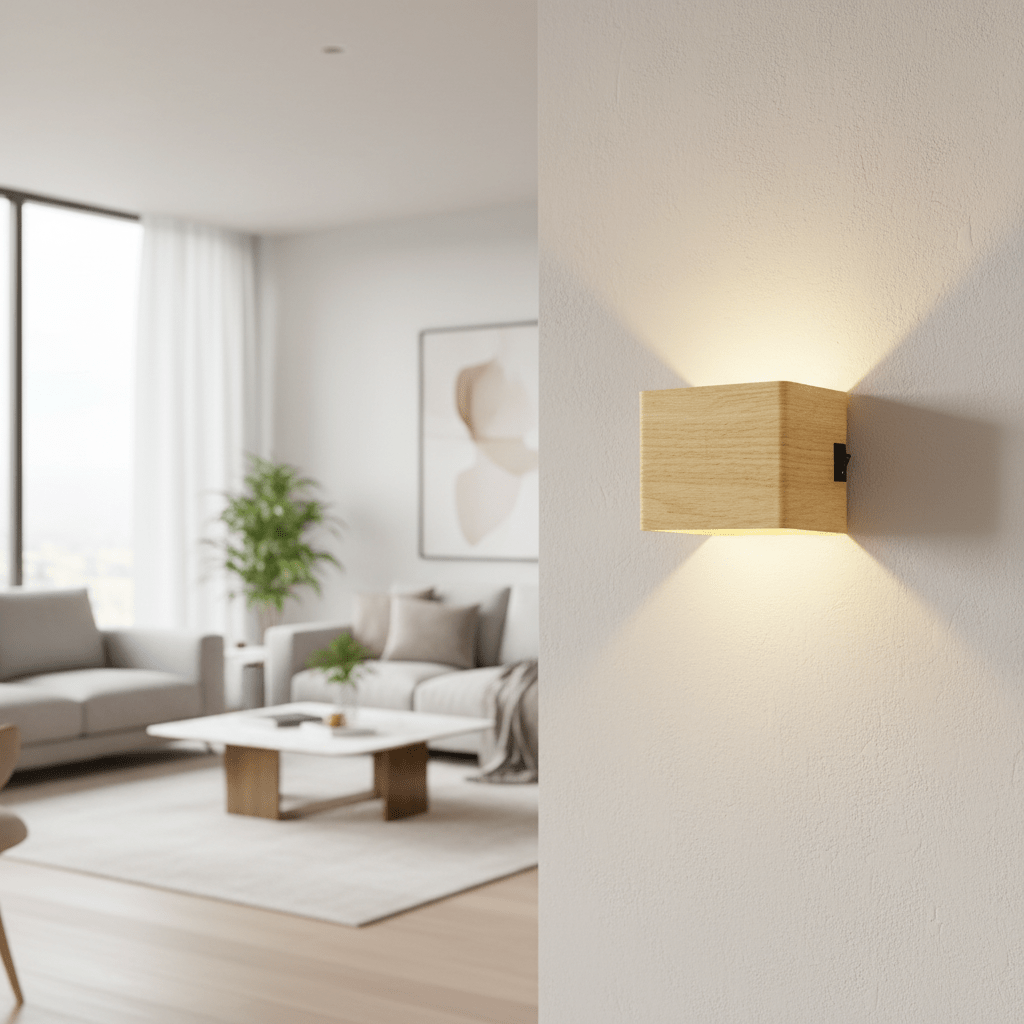 Light wood-finish cube wall light with a small black switch on its side, glowing in a bright living room.