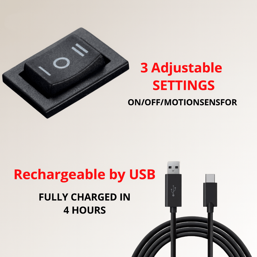 Three-position rocker switch above a black USB charging cable, with text about adjustable settings and charging time.