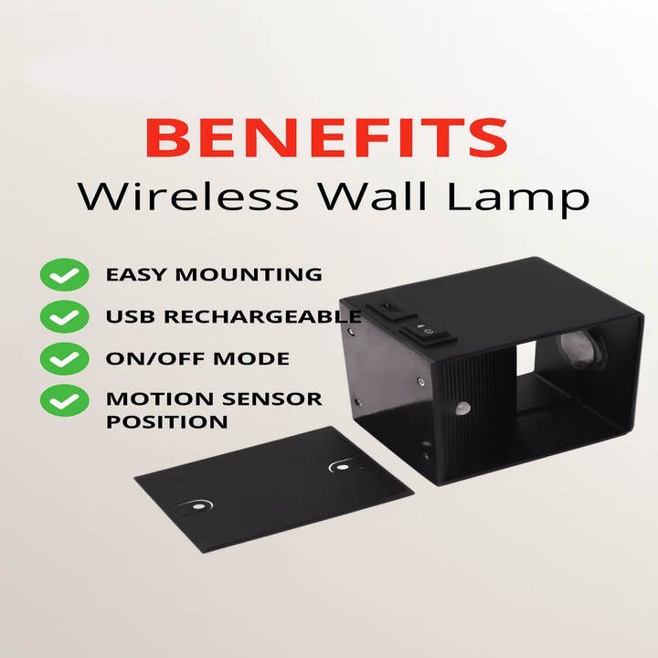 Black wall lamp body and loose mounting plate on a beige background, with a checklist of benefits beside them.