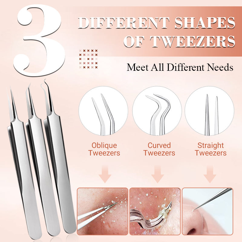 Three stainless steel tweezers with oblique, curved and straight tips, each shown in a close-up circle and in use on skin. 3