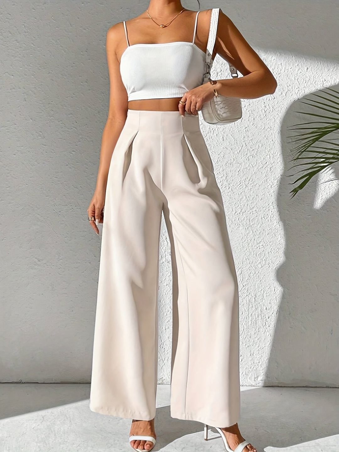 Beige High-Waist Wide-Leg Trousers for Women - Yara-S-Nora Luxe