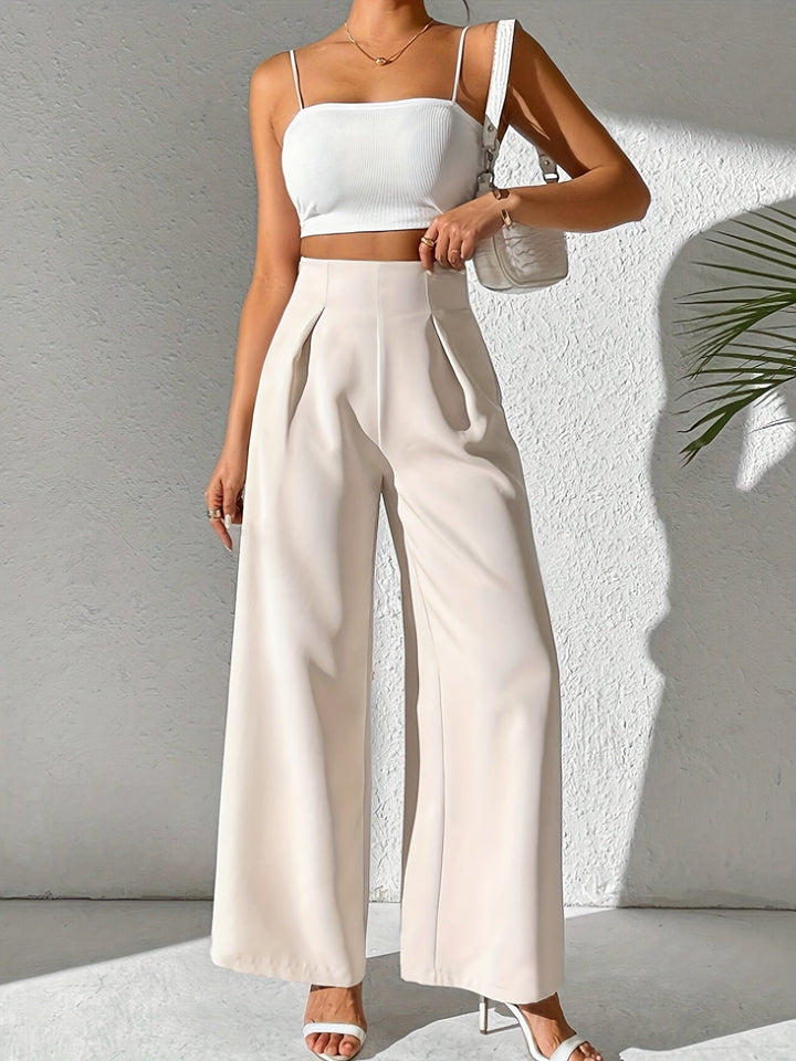 Beige High-Waist Wide-Leg Trousers for Women - Yara-S-Nora Luxe