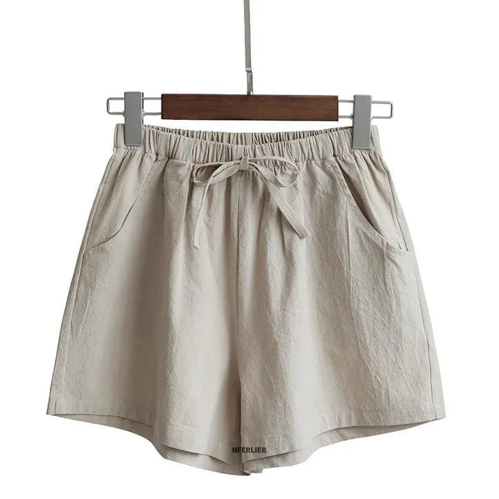 Beige Damen-Shorts aus Leinen mit Kordelzug, lässig, bequem, Sommermode.