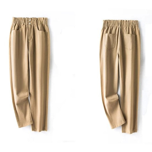 Beige Damenhose mit elastischem Bund, Taschen, lässig, bequem, modisch, Baumwolle.