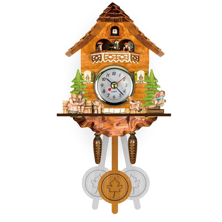 Orange-toned chalet clock with balcony figures, couple on a bench, dog and children on a seesaw 7