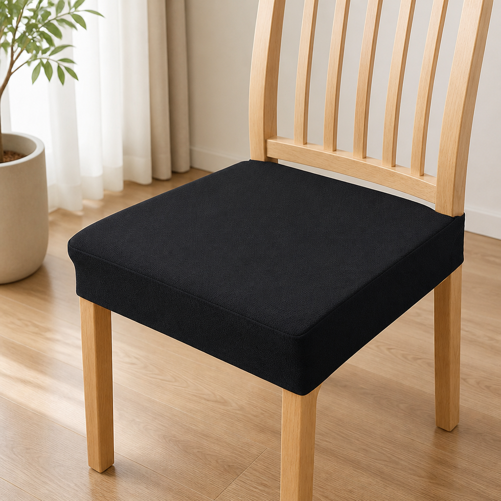 Black seat cover with a subtle woven texture on a light wood chair, another view.