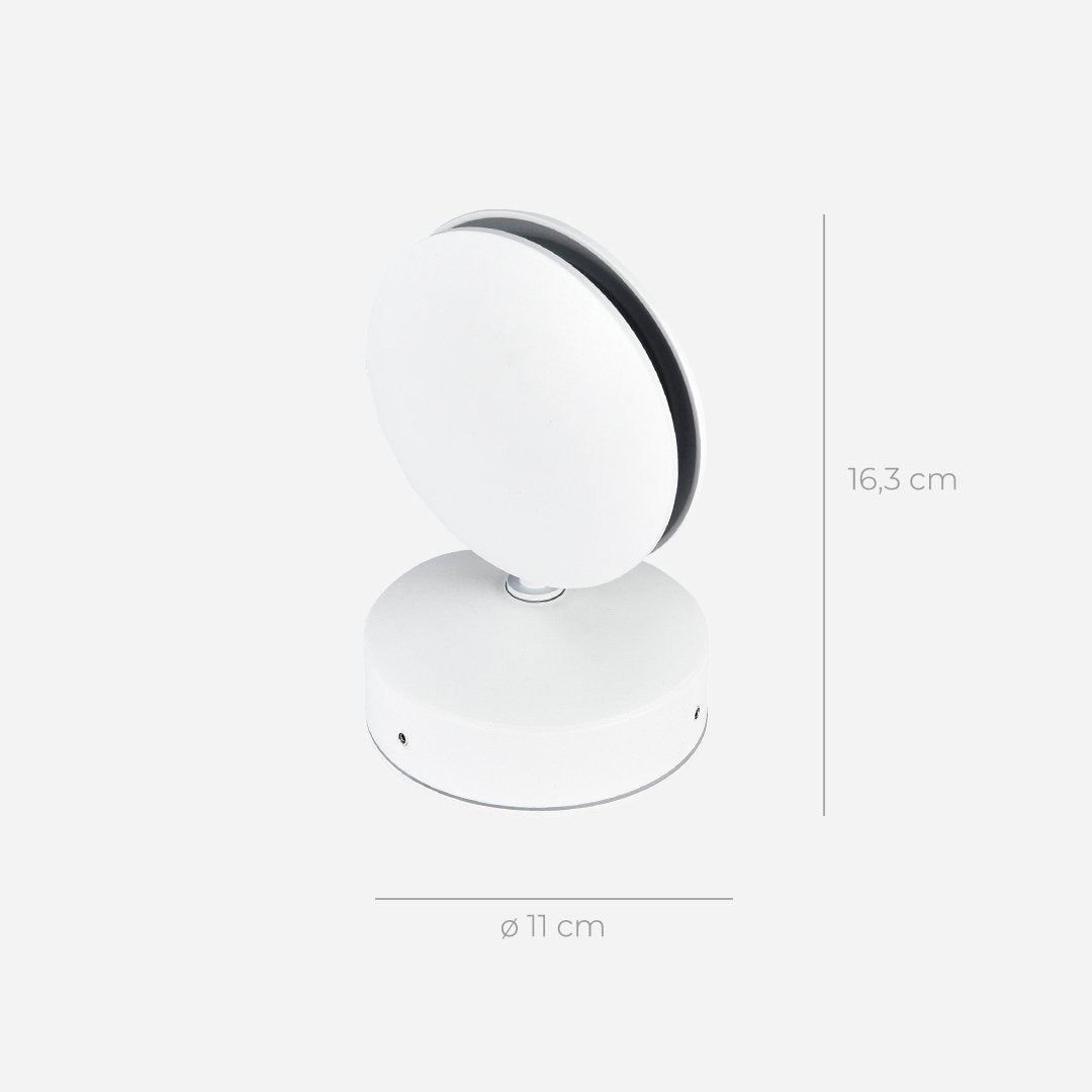 White LED wall light product shot with measurements on a white background.