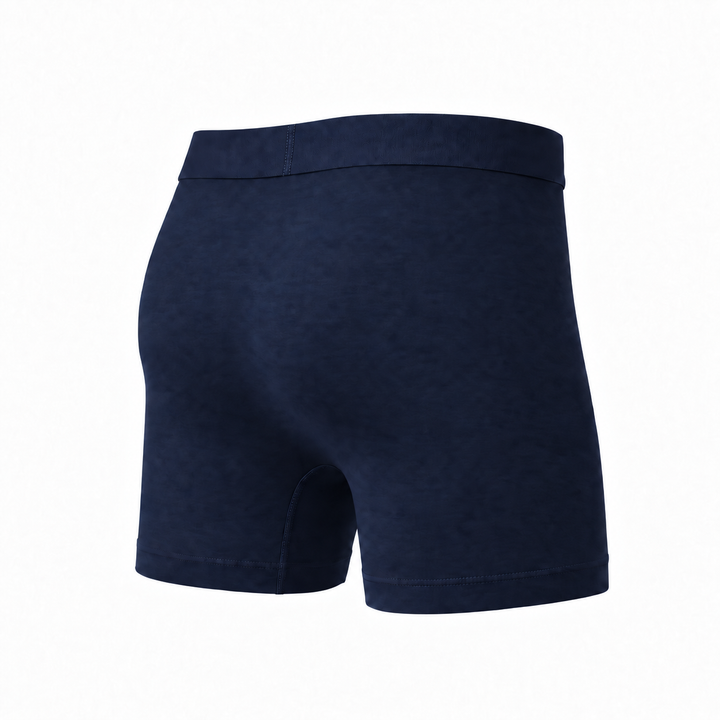 Navy blue boxer brief seen from the back at an angle, showing the smooth rear panel and leg opening. 5