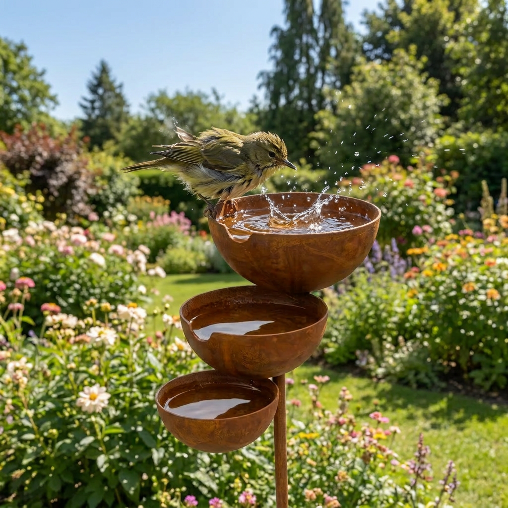 Three-tier bird bath in brown stainless-steel with a bird in the top bowl.