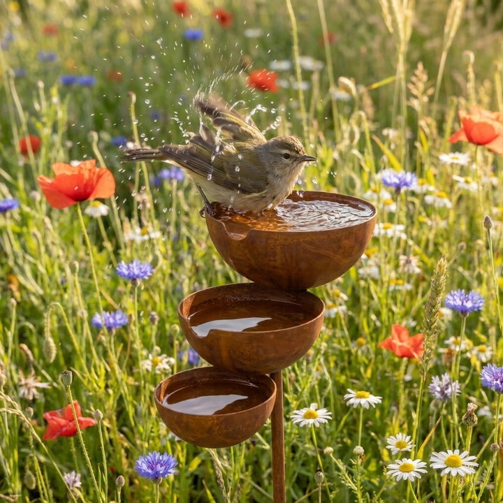 Three-tier bird bath detail with a bird splashing in the top bowl.