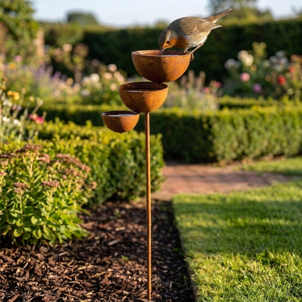 Three-tier bird bath detail with a bird drinking from the top bowl.