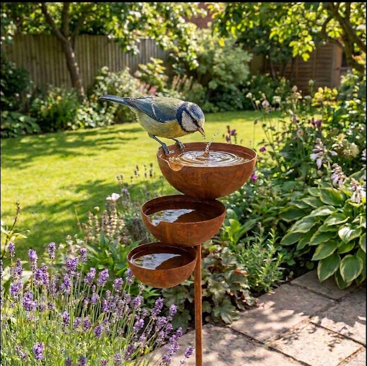 Three-tier bird bath another view with a bird perched on the top bowl.