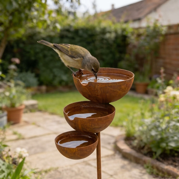 Three-tier bird bath another view with a bird drinking from the top bowl.