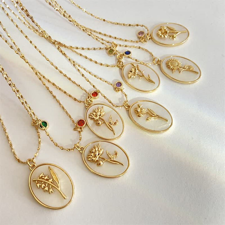 Birthstone with Birth Flowers Necklace - Aurora-January - Carnation-Nora Luxe