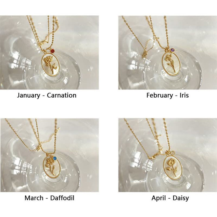 Birthstone with Birth Flowers Necklace - Aurora-January - Carnation-Nora Luxe