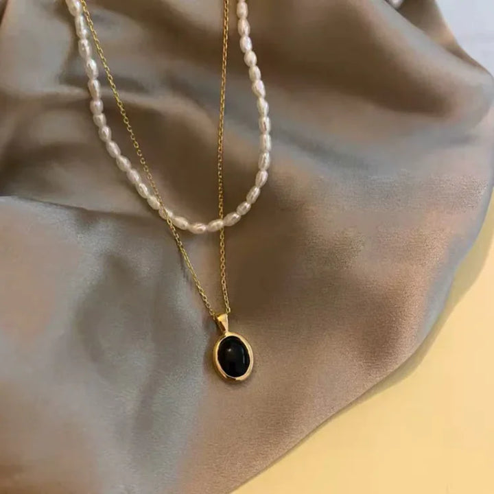Black Onyx and Pearl Stack Necklace - Aria-Nora Luxe