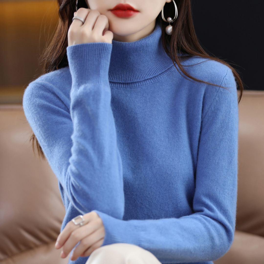 Blue ribbed-collar turtleneck sweater another view.