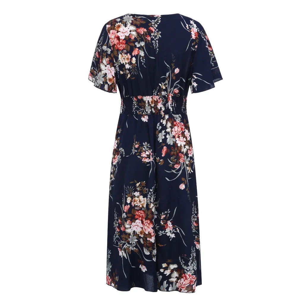 Damenkleid mit Blumenmuster, dunkelblau, knielang, Kurzarm, Sommermode, elegant.