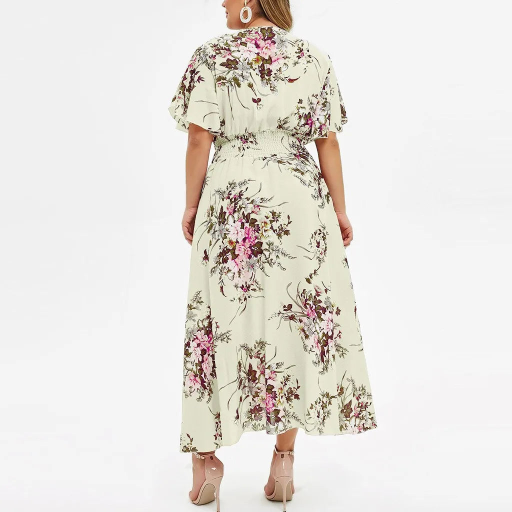 Damen Maxikleid mit Blumenmuster, weiß, kurzärmelig, Plus Size, Sommermode.