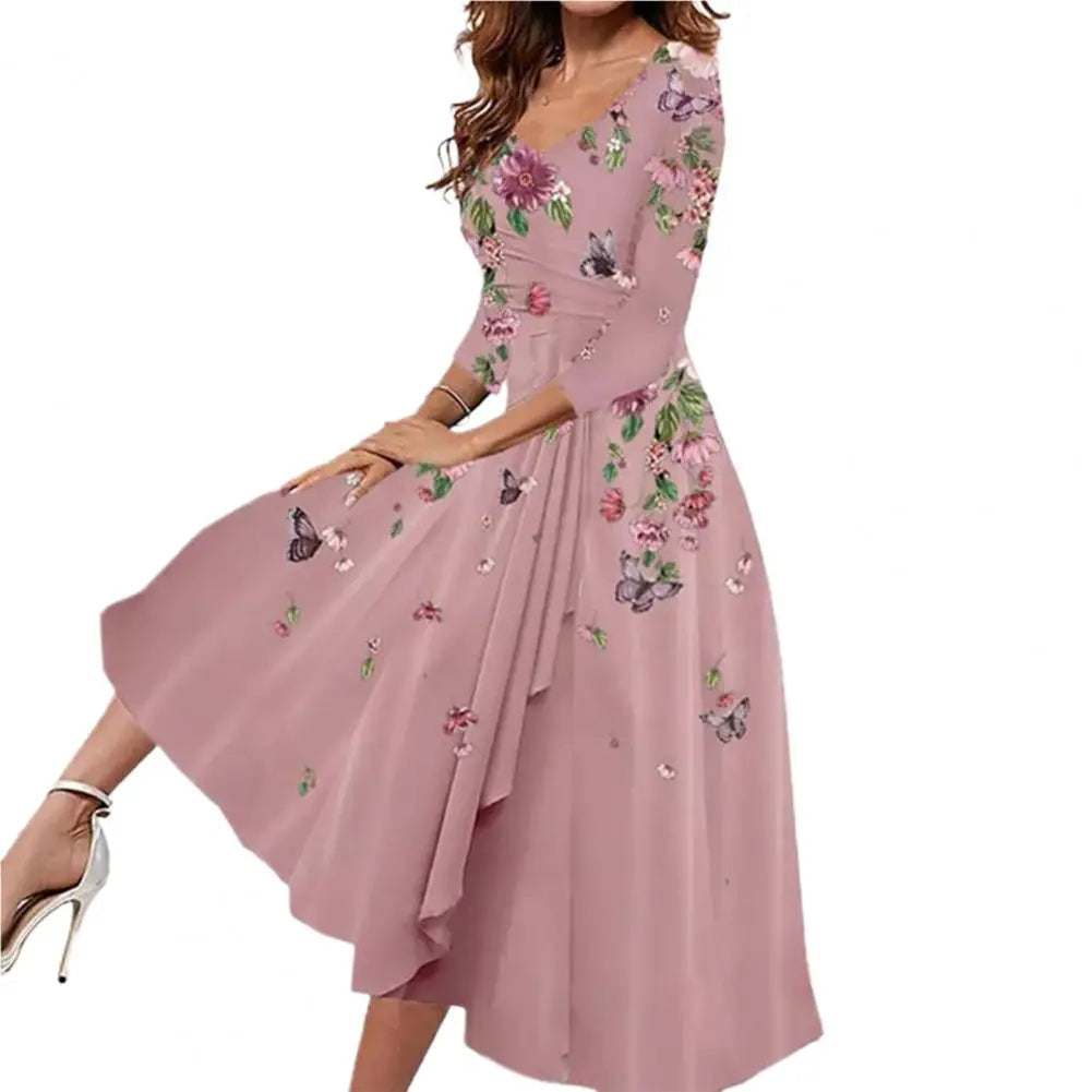 Rosa Damenkleid mit Blumenmuster, V-Ausschnitt, knielang, elegantes Design, Frühling/Sommer.