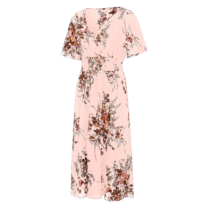 Rosa Damenkleid mit Blumenmuster, V-Ausschnitt, kurze Ärmel, Sommermode, elegant.