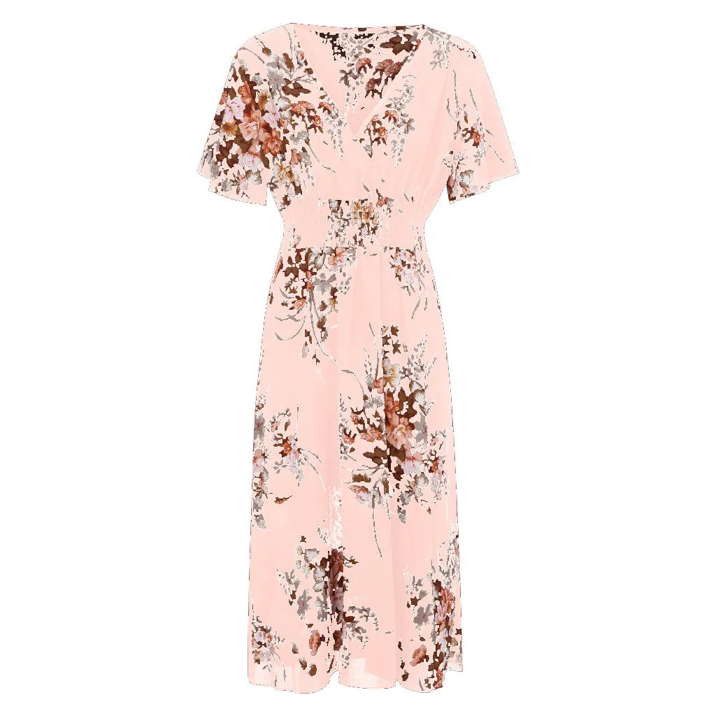 Rosa Damenkleid mit Blumenmuster, V-Ausschnitt, kurze Ärmel, Sommermode, elegant.