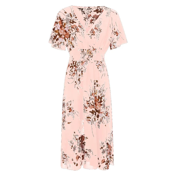 Rosa Damenkleid mit Blumenmuster, V-Ausschnitt, kurze Ärmel, Sommermode, elegant.
