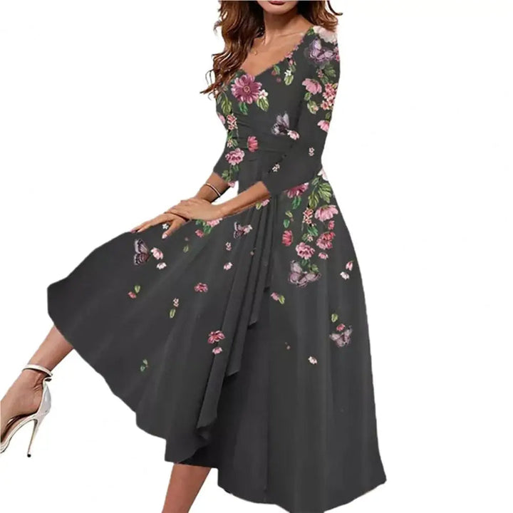 Damenkleid mit Blumenmuster, schwarz, langärmelig, V-Ausschnitt, knielang, elegant.