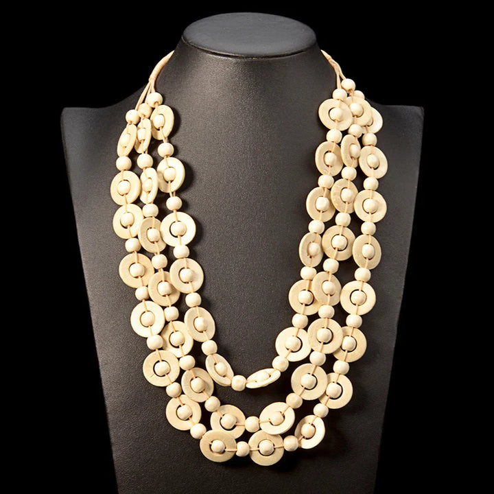 Bohemian Multi-Layered Wooden Bead Necklace-BEIGE-Nora Luxe