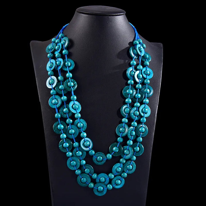 Bohemian Multi-Layered Wooden Bead Necklace-BLAU-Nora Luxe