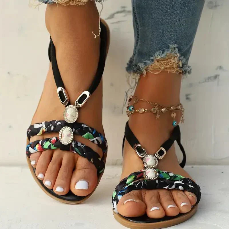 Boho-Beaded Slip-On Summer Sandals - Amira-Red-3-Nora Luxe