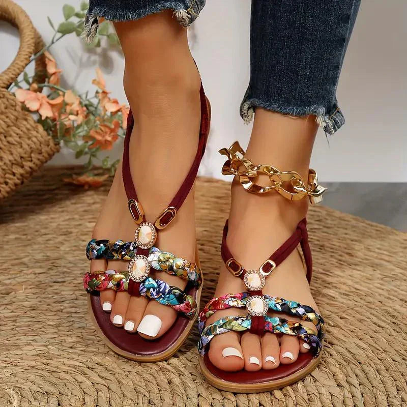 Boho-Beaded Slip-On Summer Sandals - Amira-Red-3-Nora Luxe
