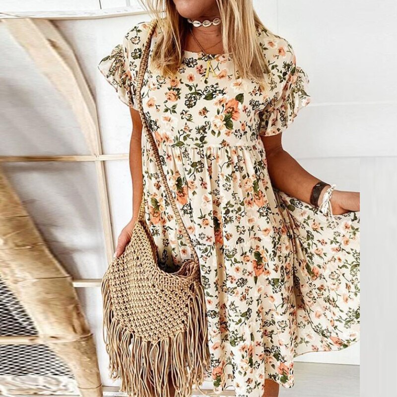 Boho floral dress with ruffles and fitted waist – Calista-Beige-S-Nora Luxe