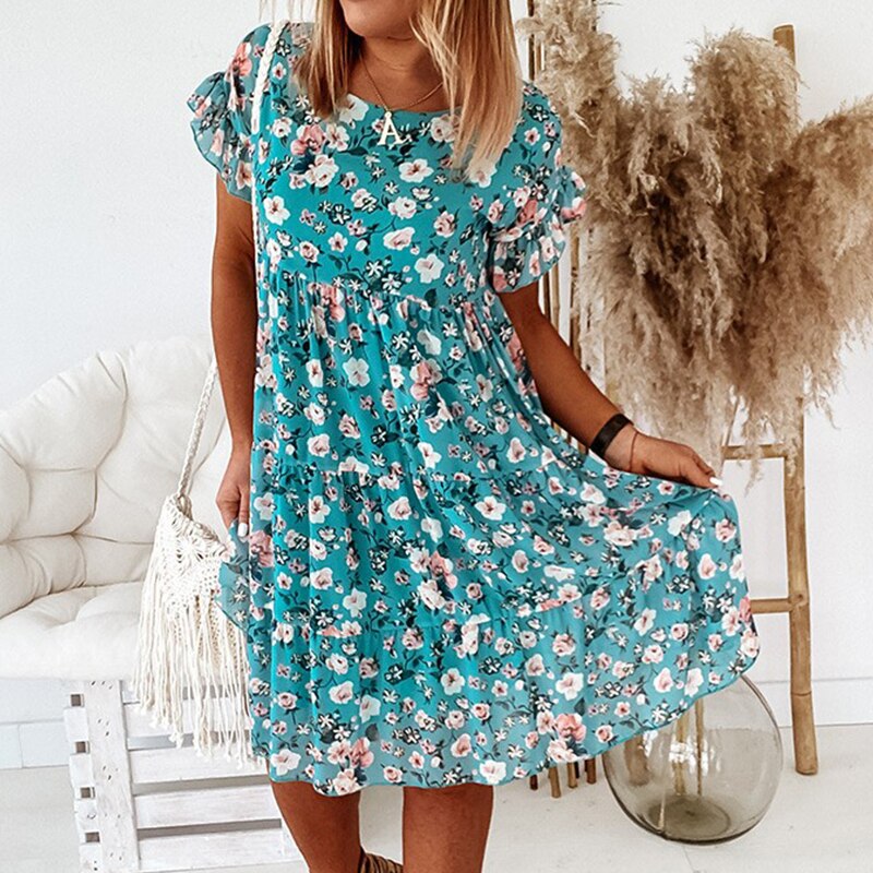 Boho floral dress with ruffles and fitted waist – Calista-Blue-S-Nora Luxe
