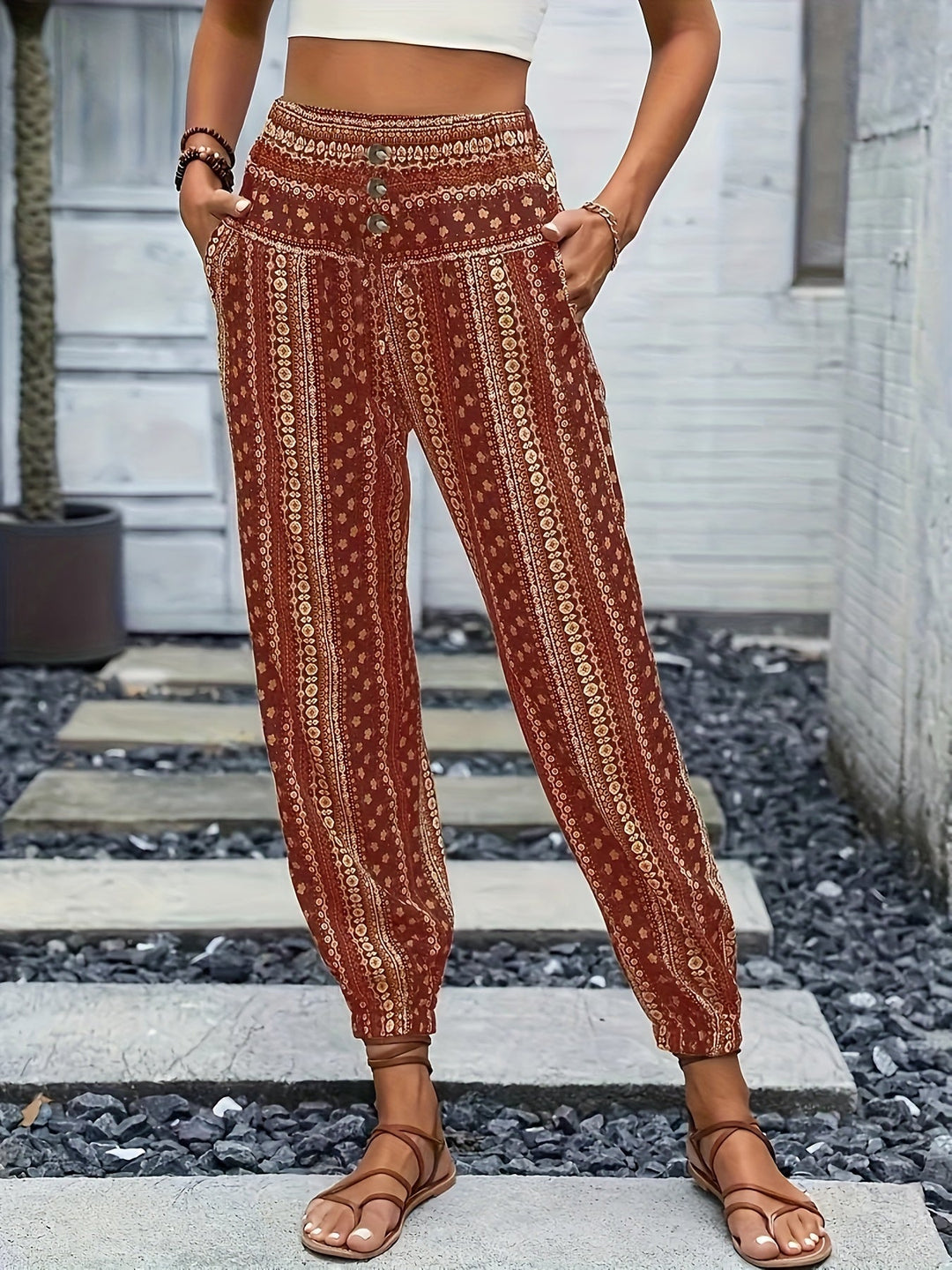 Boho High-Waist Women's Trousers with Print & Smocked Waistband – Linara-Brick red-S-Nora Luxe